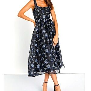 Lulu's Black Midi Dress with Blue Floral Print NWT